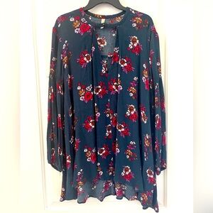 🔥Free People small blue flower dress tree swing retro floral long sleeve pockets